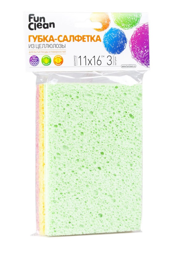 губка-салфетка для мытья поверхностей fun clean, целлюлоза (3шт.) /20/ 