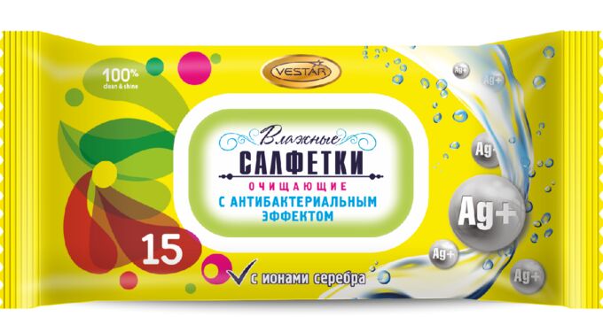 салфетки влажные  (15шт) очищающие с антибактериальным эффектом vestar/100/