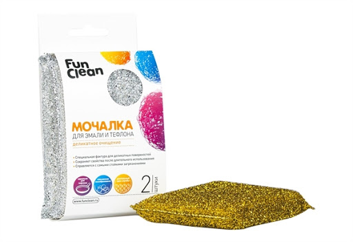 мочалка для эмали и тефлона fun clean с поролоном, фольгированная оплетка, бронза, 2шт. /25/