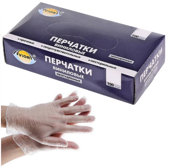 Перчатки виниловые неопудренные р.L, AVIORA, прозрачные /100шт/ перчатки виниловые неопудренные р.l, aviora, прозрачные /100шт/